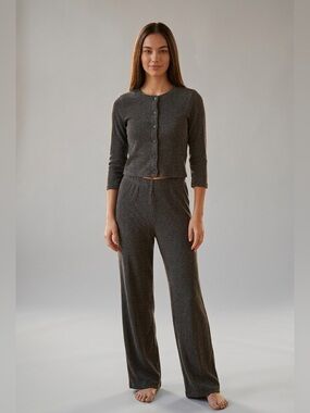 Missguided Grey Ribbed Knit Cardigan & Pants Set (Top US 4 / Pants US 6)